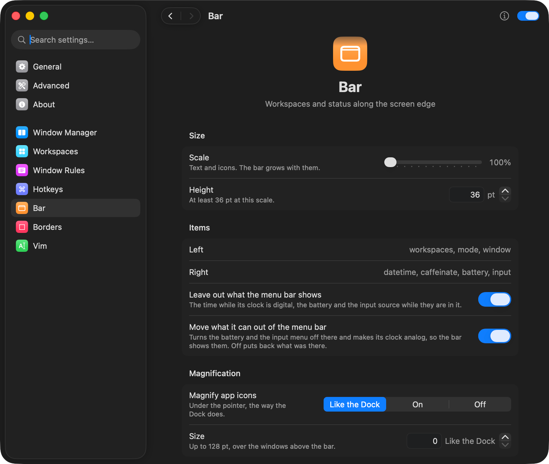 Bar settings: scale, items and icon magnification