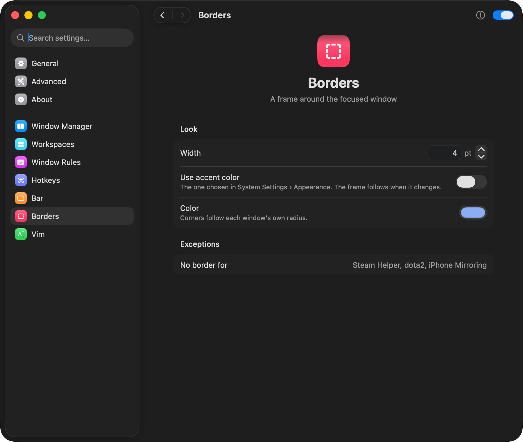Border settings: width, colour and exceptions