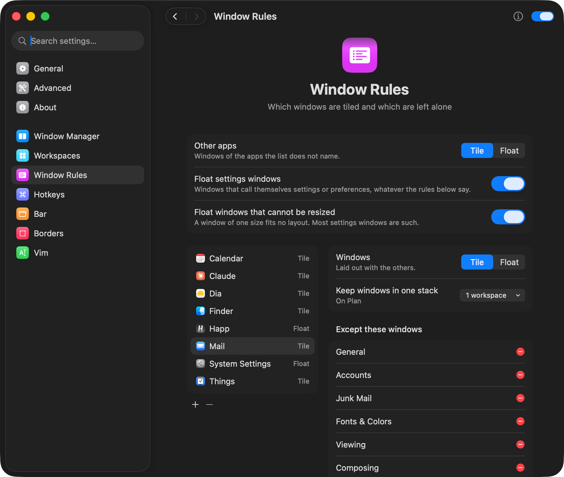 Window rules: apps and exceptions for their windows