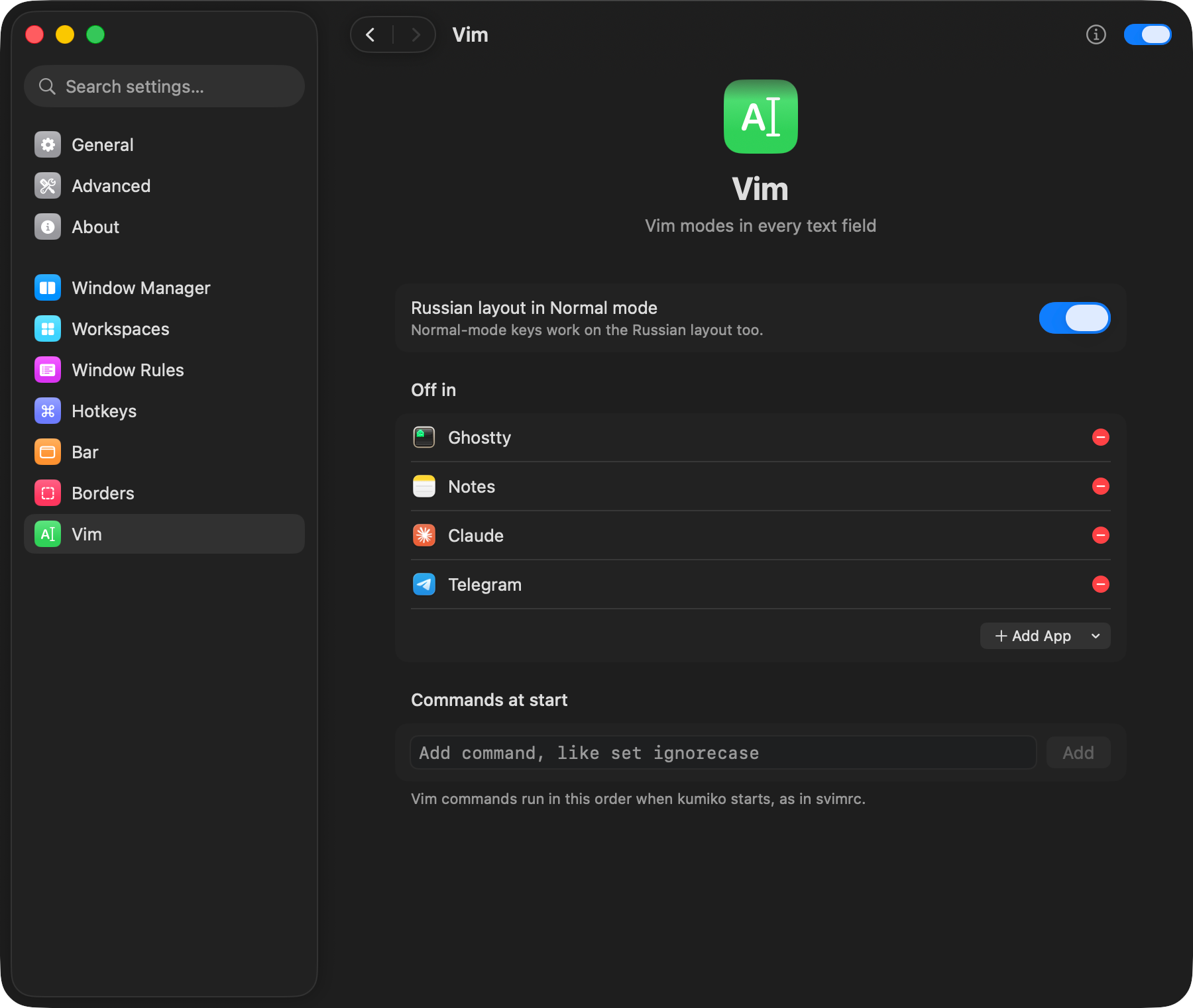 Vim settings: apps without it and commands at start