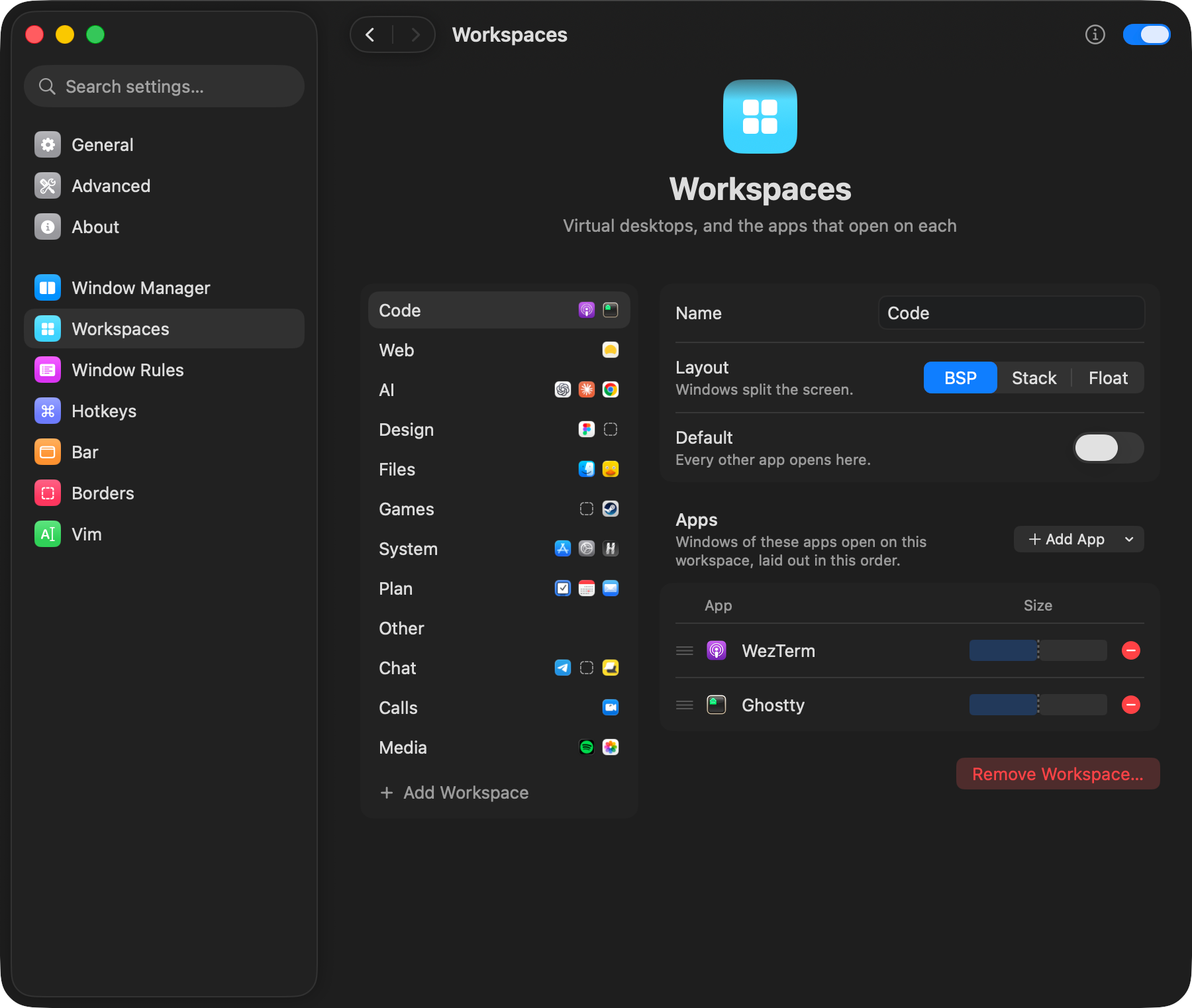 The kumiko settings window on the Workspaces page